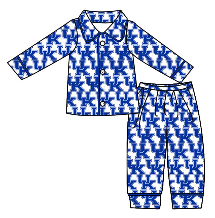Custom moq 5 tat about 6-8 weeks team baby boys clothes uk blue long sleeve pants pajamas sets