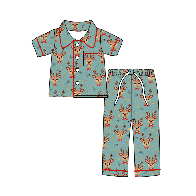 Deadline October 18 custom no moq eta 6-8weeks Bow Elk Pattern Blue Grey Button Short Sleeve Long Pants Pajama Set