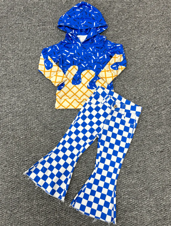 RTS NO MOQ BT1275+P0610 Waffle Ice Cream Royal Blue Hooded Long-Sleeved Top Plaid Denim Pants set
