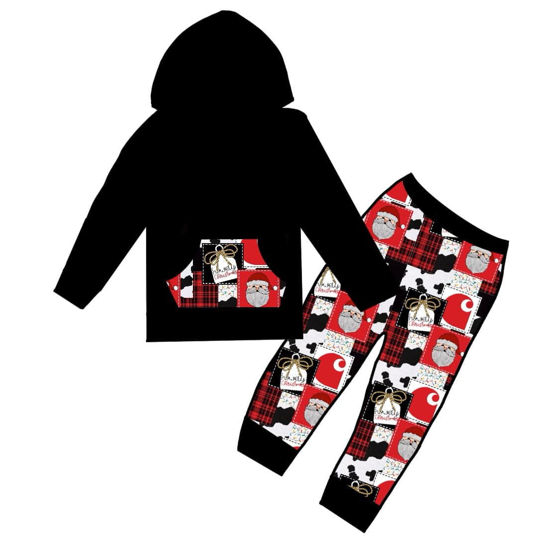 Deadline October 18 custom no moq eta 6-8weeks Black and Red Plaid Santa Claus-Gift Box Pattern Hooded Pullover Long Sleeve Suit