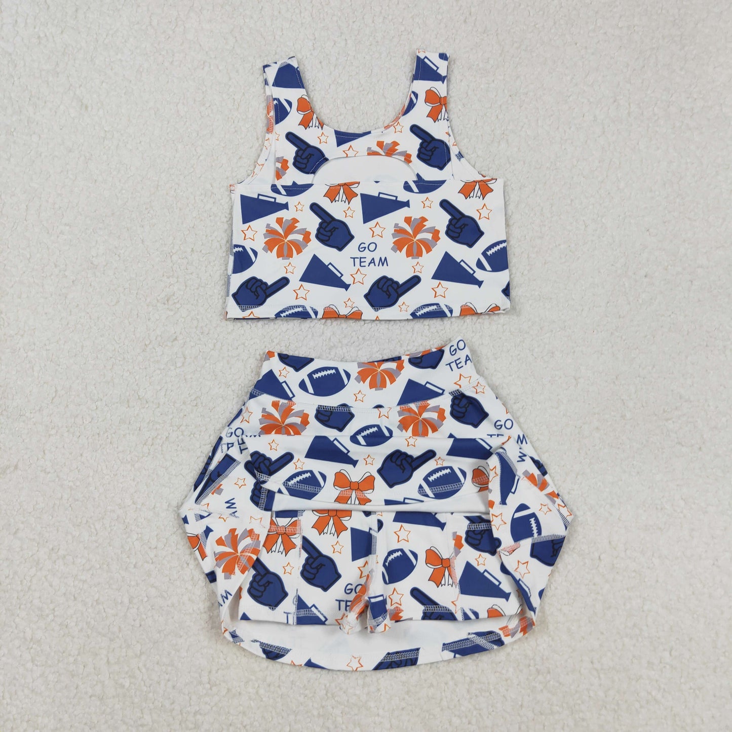 RTS NO MOQ(In Stock) GSD2694 GO TEAM Blue Hand Signal Trumpet Star Bow Pattern Sleeveless Skirt Yoga Set