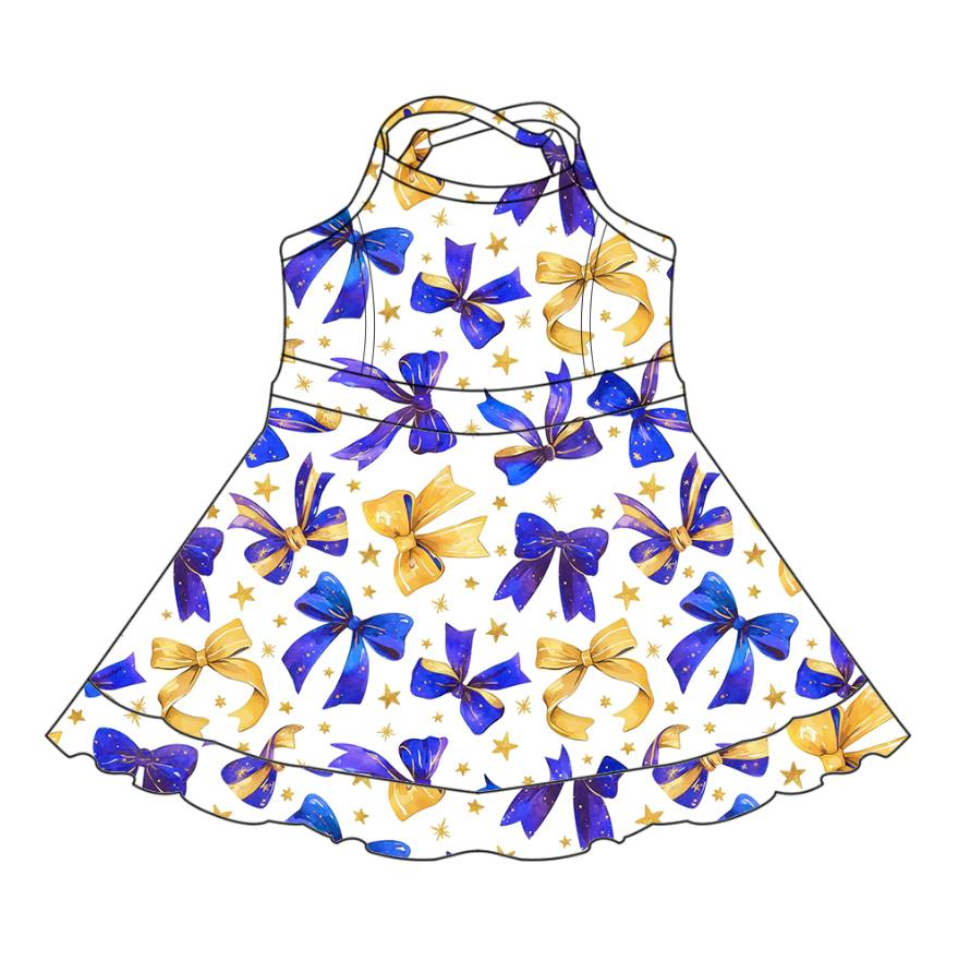 Custom moq 5 mix size milk silk summer teams baby girls clothes bow blue sleeveless dress-25.8.1