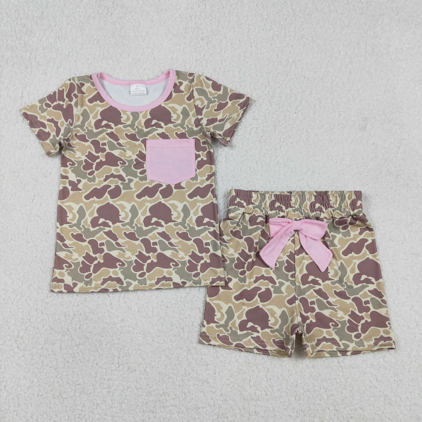 RTS NO MOQ(In Stock) Pink Pocket Brown-Green Camouflage Short-Sleeve and Shorts Set