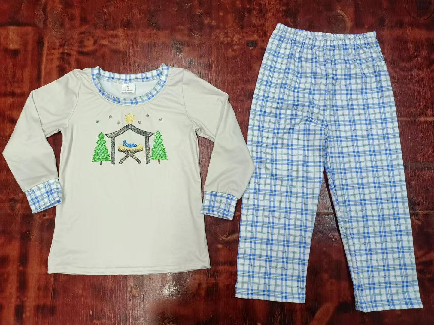 Custom moq 3 eta 6-7weeks Beige long-sleeved top with pine tree embroidery and blue plaid trousers set