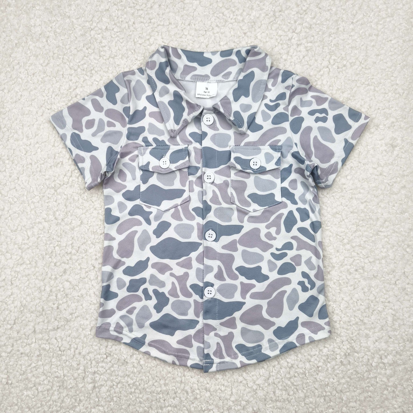 RTS NO MOQ(In Stock) Gray camouflage pocket button short sleeve top