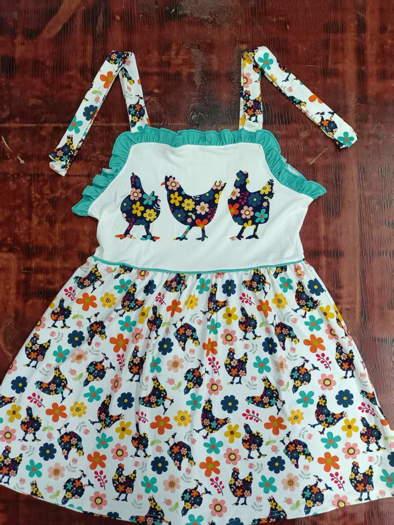 Custom moq 3 eta 6-7weeks baby girl clothes hen floral suspender dress