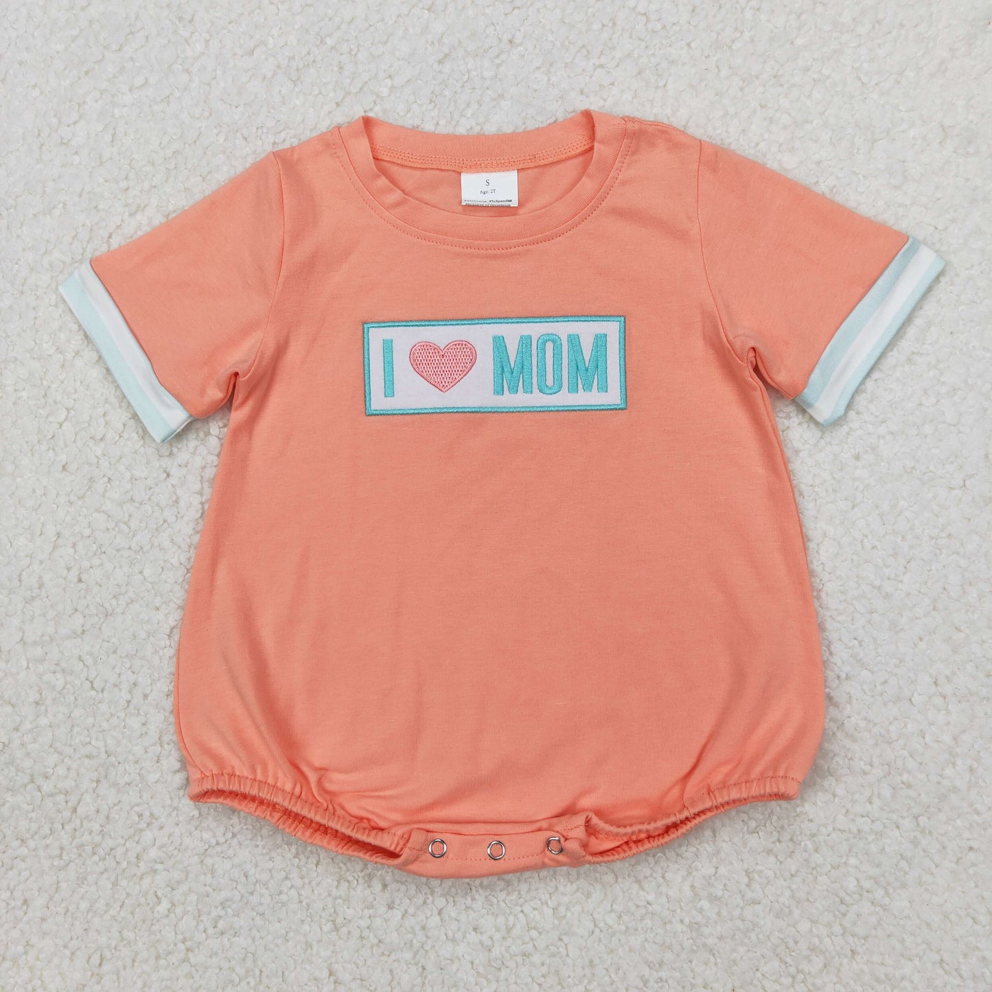 RTS NO MOQ(In Stock) Embroidered i love mom green stripe orange short-sleeved jumpsuit
