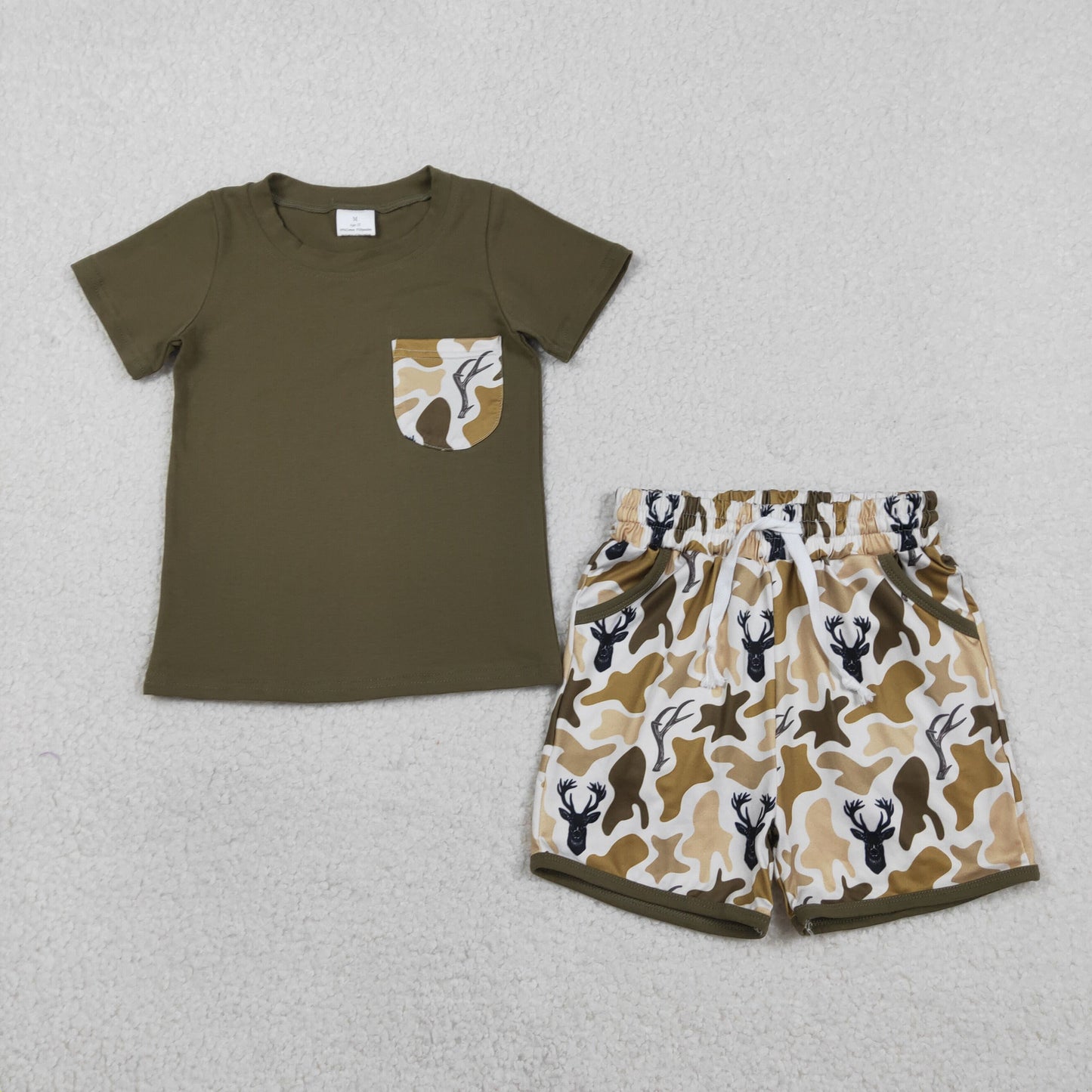 RTS NO MOQ(In Stock) BSSO1845 Deer Head Dark Green Camouflage Pocket Short-Sleeved Shirt and Shorts Set