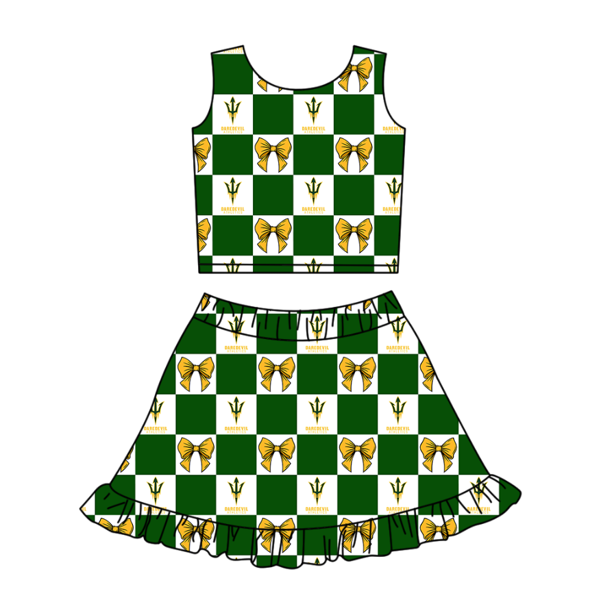 Custom moq 3 or 5 mix size milk silk summer teams baby girl clothes bow green sleeveless skirts sets-26.1.20
