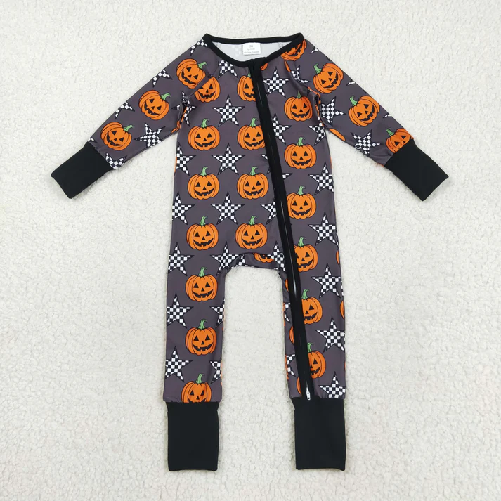RTS NO MOQ Sibling Baby boy clothes Halloween pumpkin long Sleeve Romper Mixed Sizes
