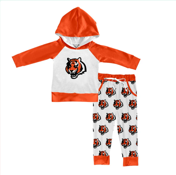 Deadline September 14 custom no moq eta 6-8weeks Long hooded pullover with orange and white ferocious tiger head top and pants set