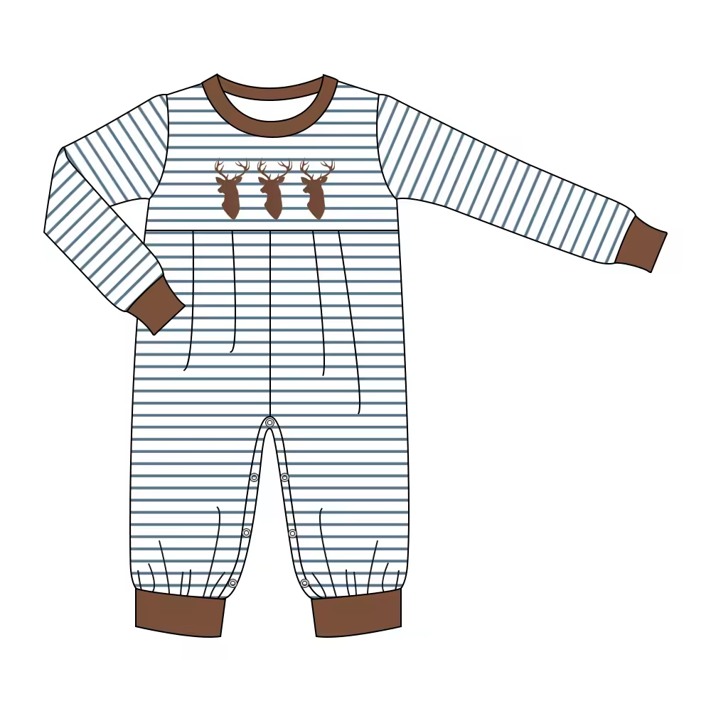 Custom moq 3 eta 6-8 weeks Brown Elk Stripe Elastic Long Sleeve Romper