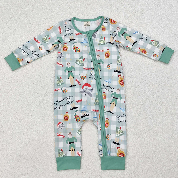 RTS NO MOQ Akimbo Girls-Wolf Dog Pattern Green Plaid Long Zipper Climbing Suit & Long Sleeve Set