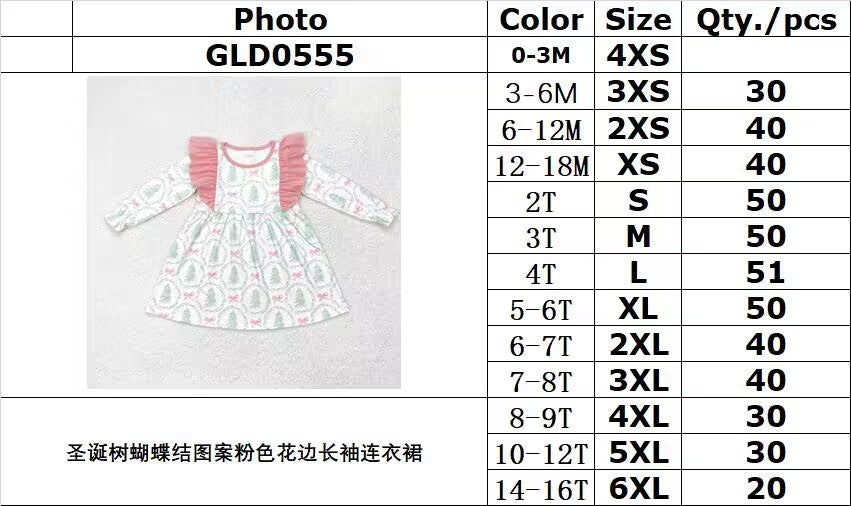 rts no moq GLD0555 Christmas tree bow pattern pink lace long sleeve dress