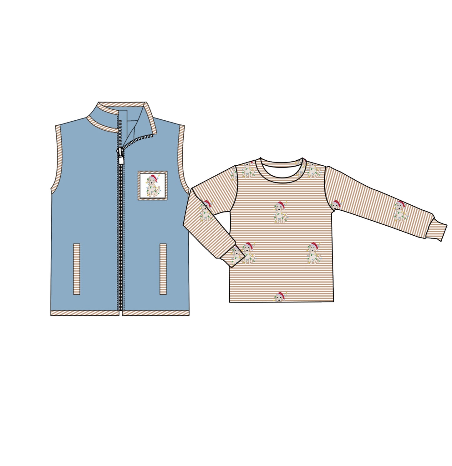 Deadline September 8 custom no moq eta 6-8weeks Striped Animal Top-Blue Zipper Vest Set