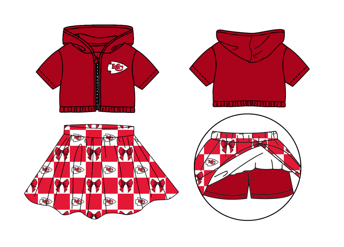 Custom moq 3 or 5 mix size milk silk summer teams baby girl clothes bow red zipper hooded short sleeve shorts skirts sets