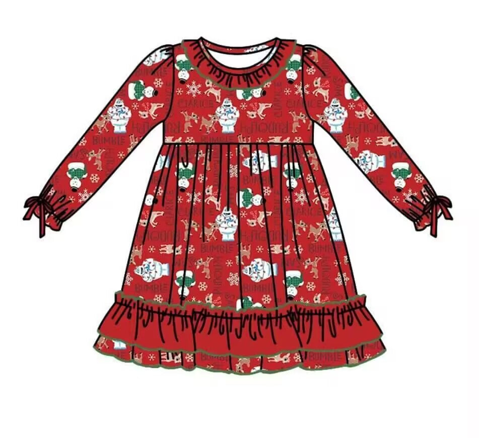 Deadline September 24 custom no moq eta 6-7weeks Maroon Snowman and Snow Monster Long Sleeve Pleated Dress