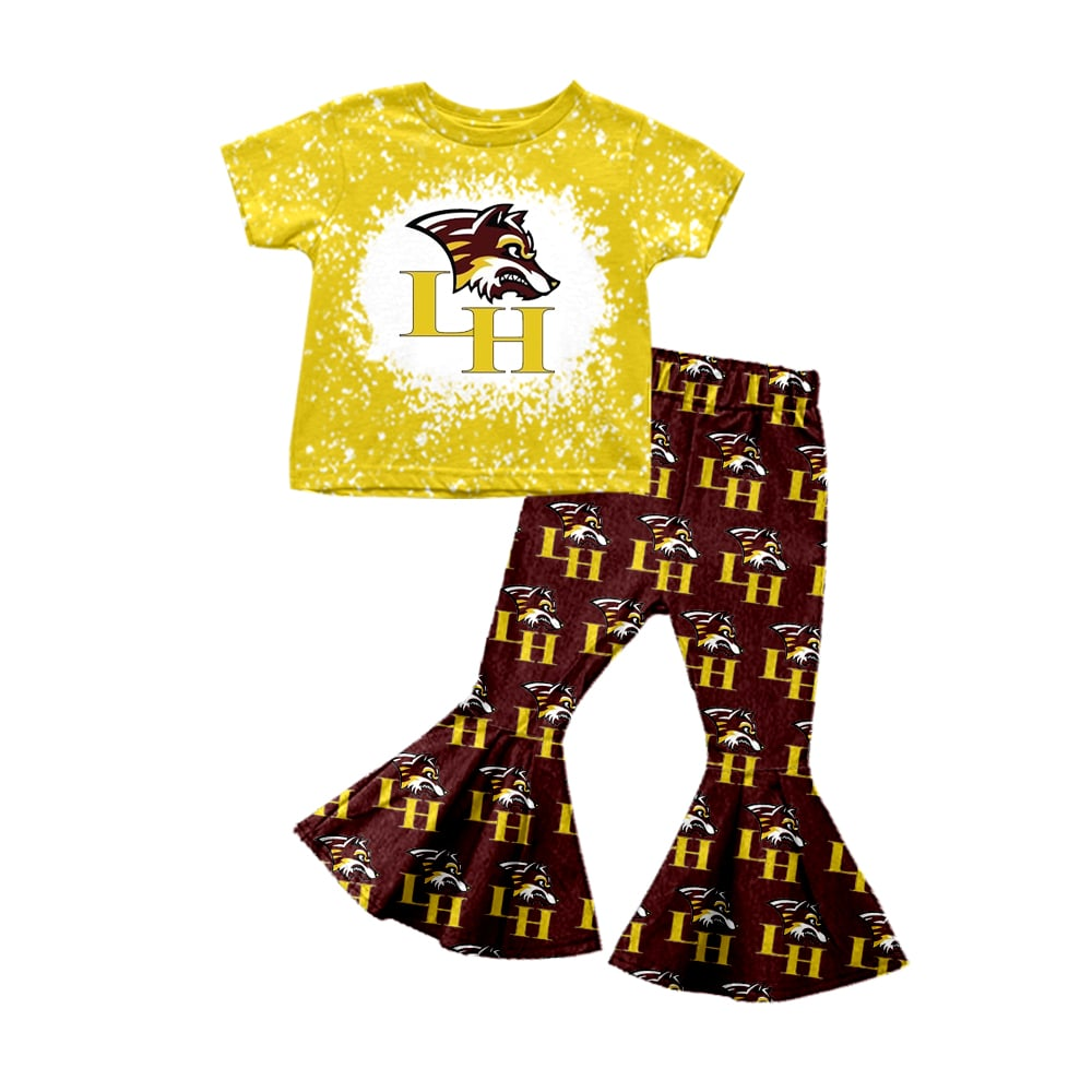 Deadline November 26 custom no moq eta 6-8weeks Baby Girls wolf head yellow short-sleeved top maroon flared pants suit