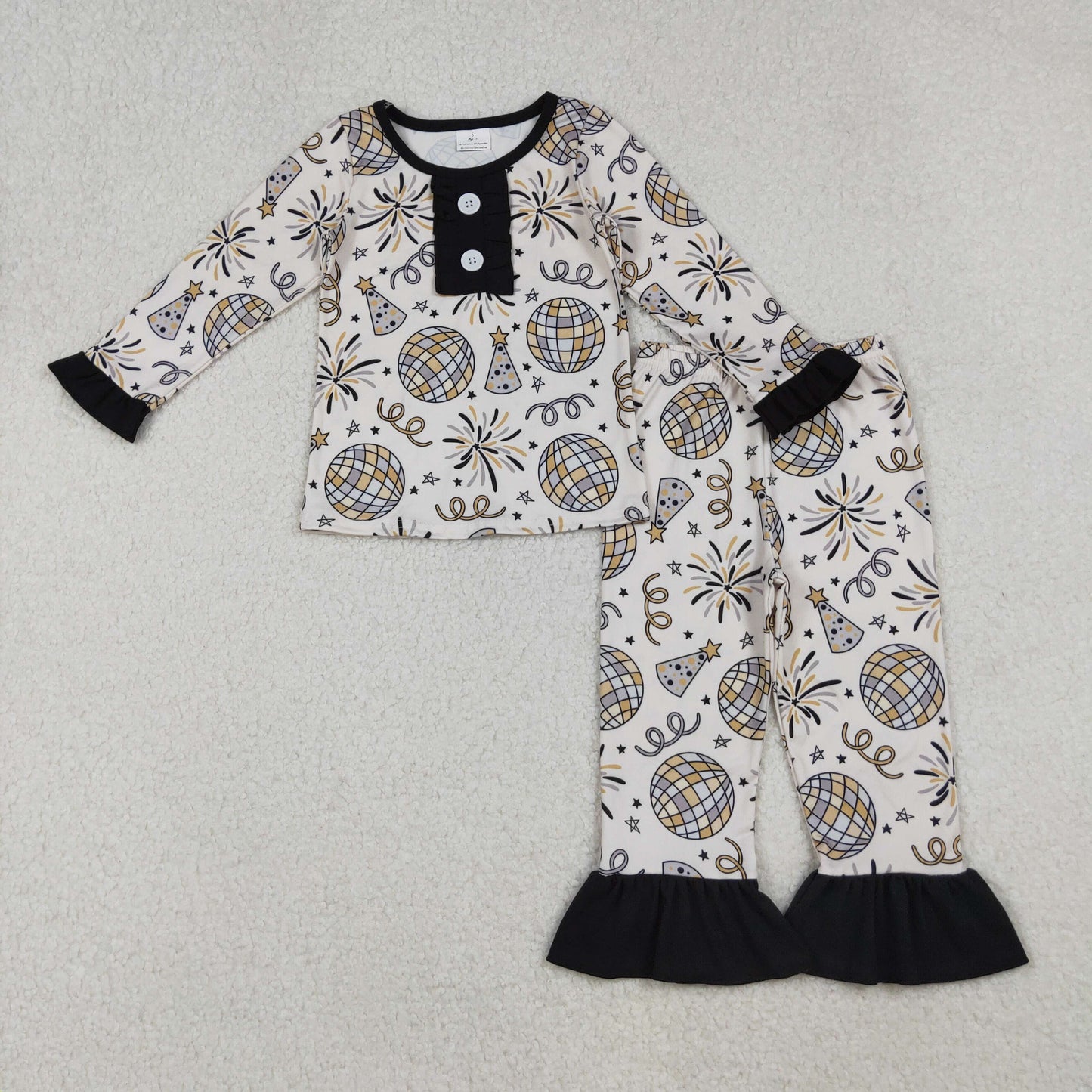 12/18M-7/8T RTS NO MOQ(In Stock) GLP2563 New Year Fireworks Ball Lace Long Sleeve Trousers Pajama Set