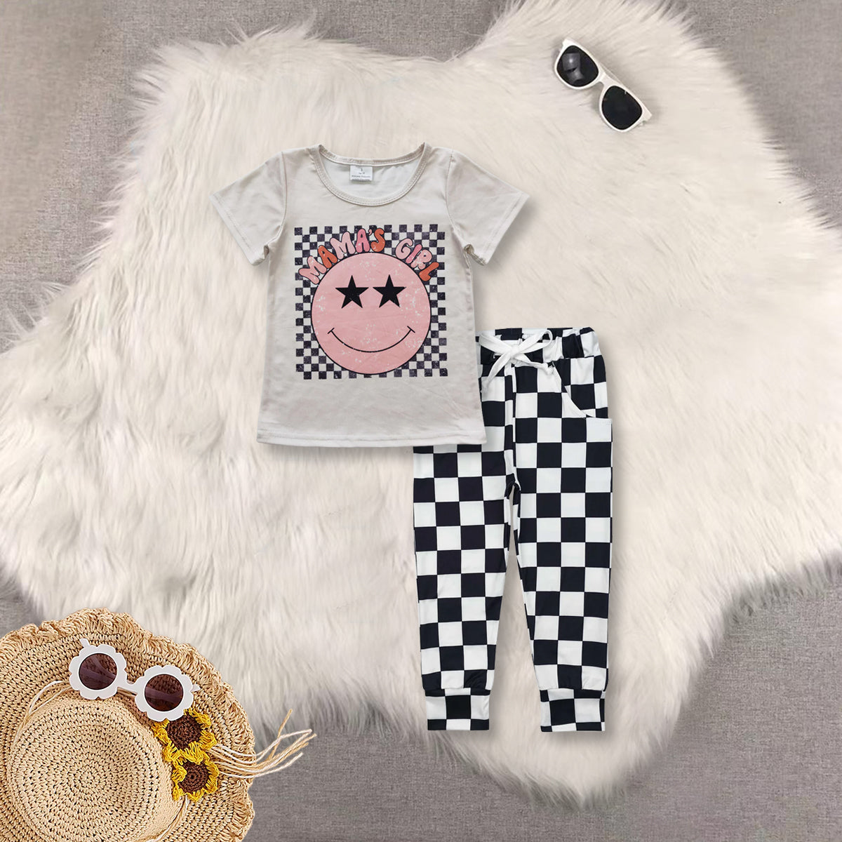 RTS NO MOQ GT0173+P0699 Black and white short-sleeved top plaid lace-up trousers sets