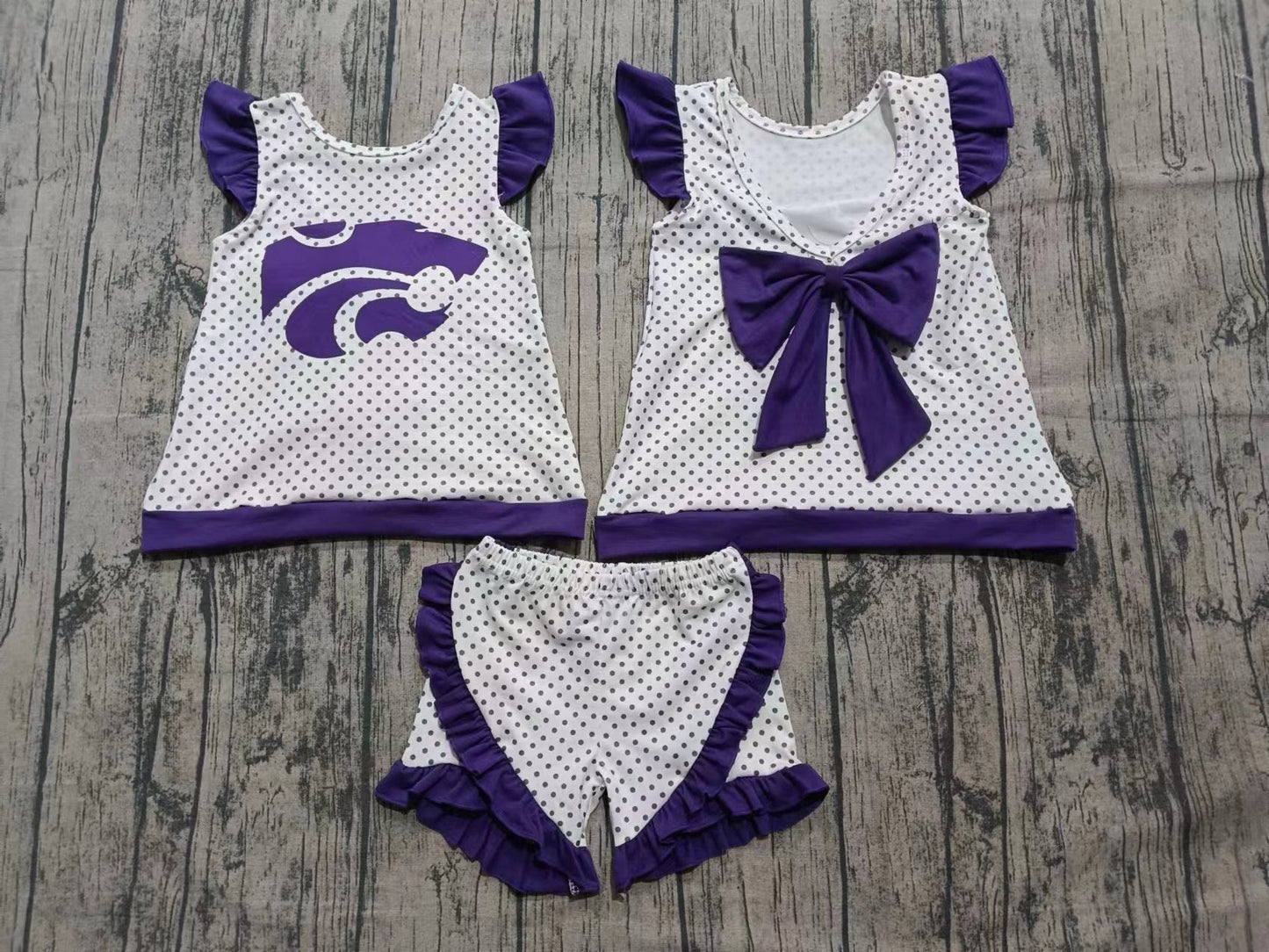 Custom moq 3 eta 6-7weeks baby girl clothes team purple flying sleeve shorts sets-25.8.28