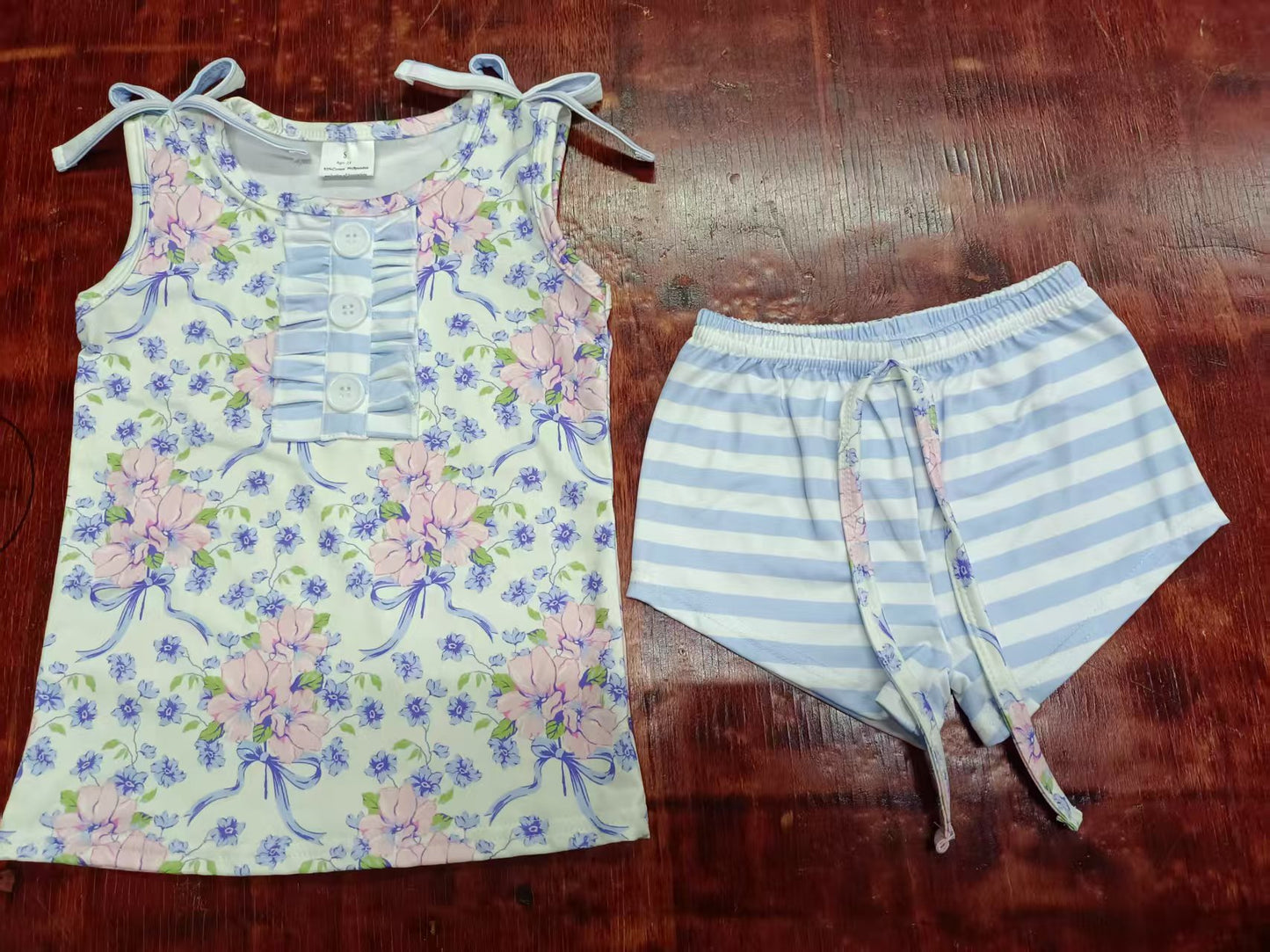 Custom moq 3 eta 6-7weeks baby girls clothes floral blue Sleeveless shorts sets-25.5.9