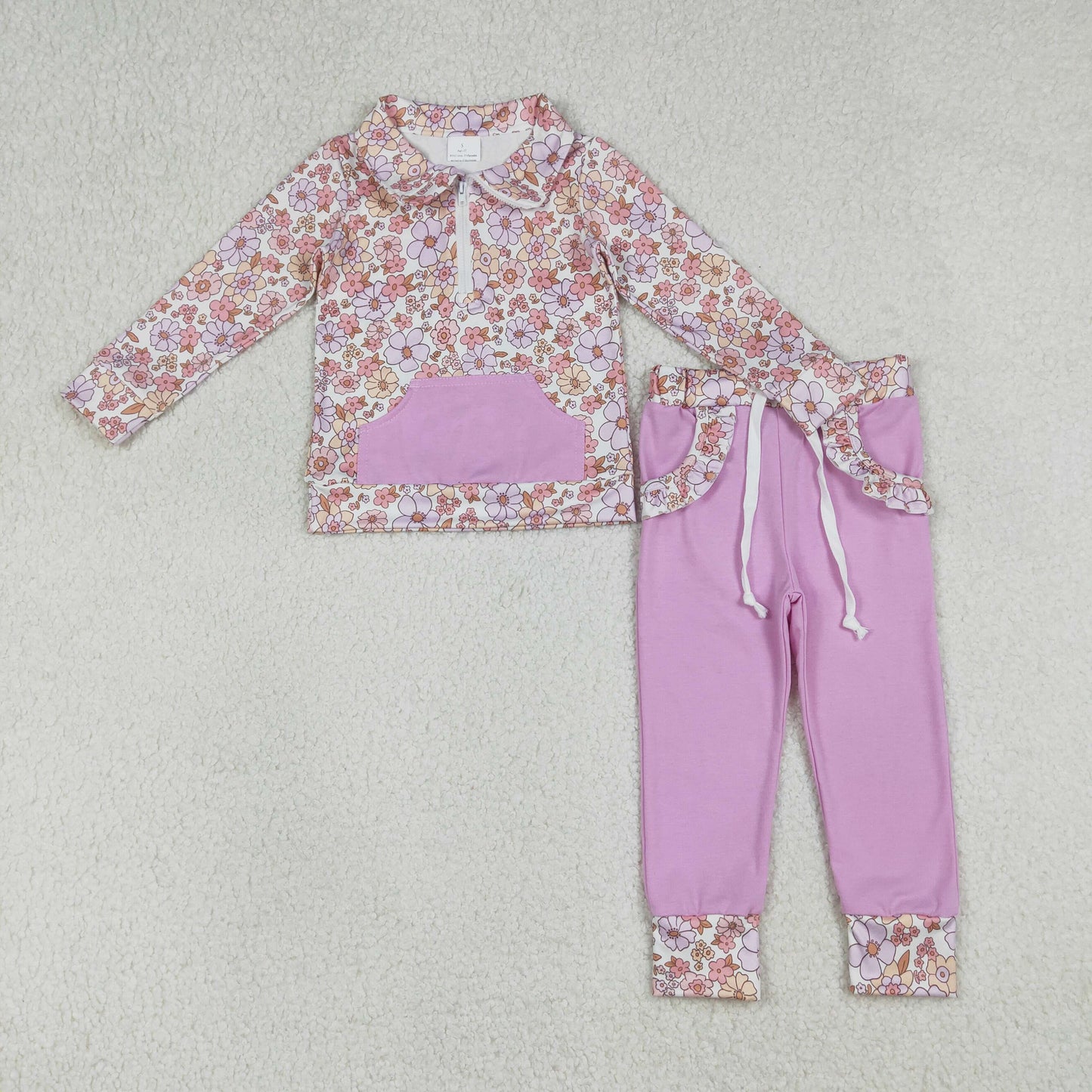 RTS NO MOQ(In Stock) GLP3281 Colorful Flower and Leaf Purple Pocket Zipper Long-Sleeve Pants Set