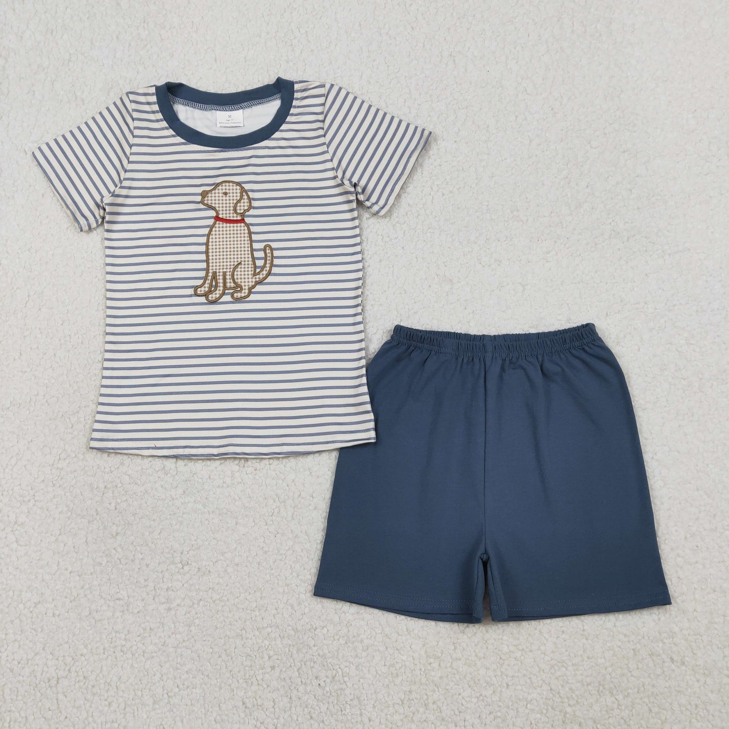 RTS NO MOQ(In Stock) BSSO1745 Embroidered Puppy Blue Striped Short-Sleeve and Shorts Set