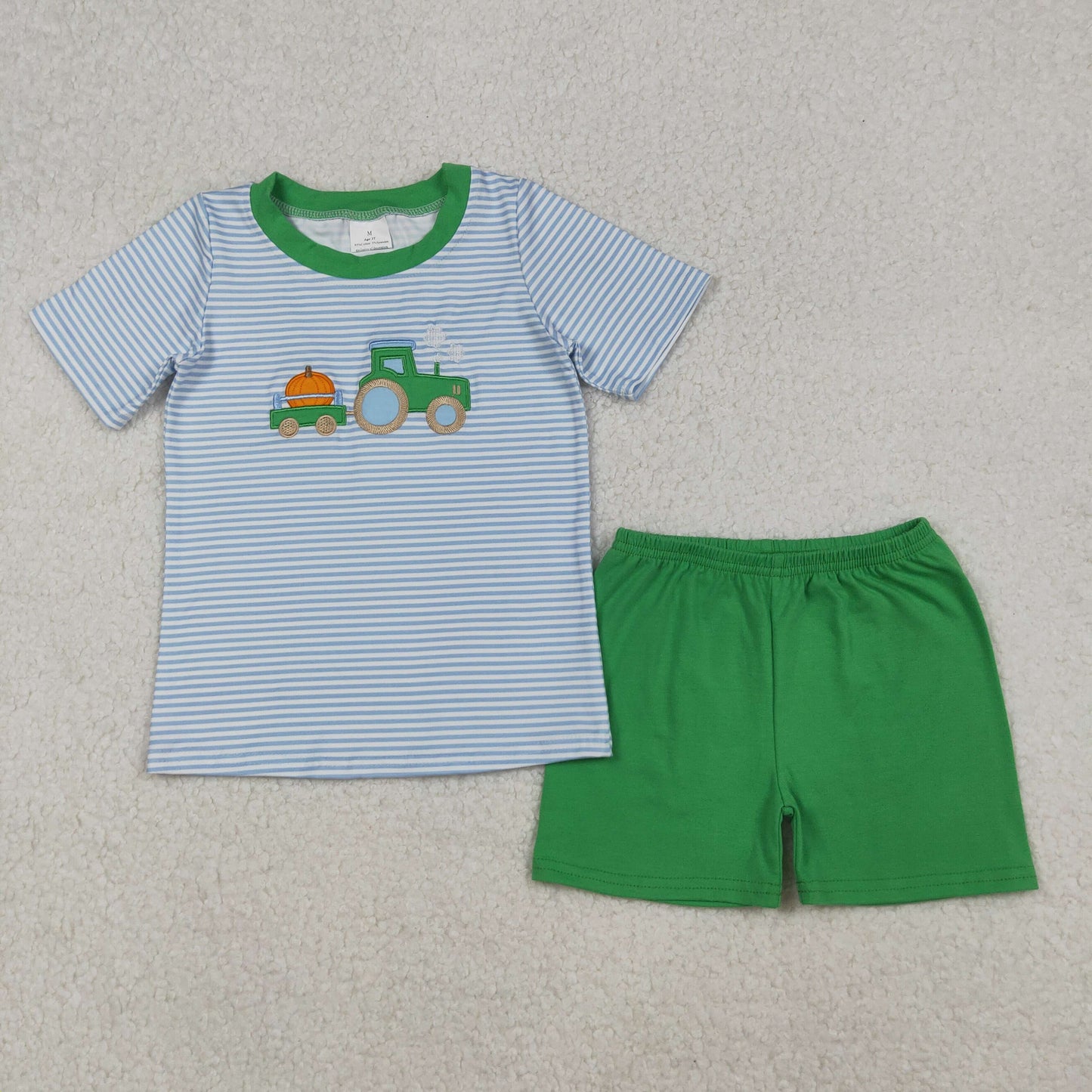 RTS NO MOQ(In Stock) BSSO1549 Embroidered Pumpkin Tractor Blue Striped Short-Sleeved Green Shorts Set