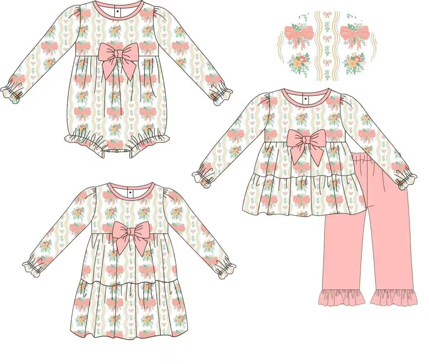 Custom moq 5 each style eta 6-7weeks baby girl clothes flroal bow pink long sleeve pants sets and romper and dress -25.9.4