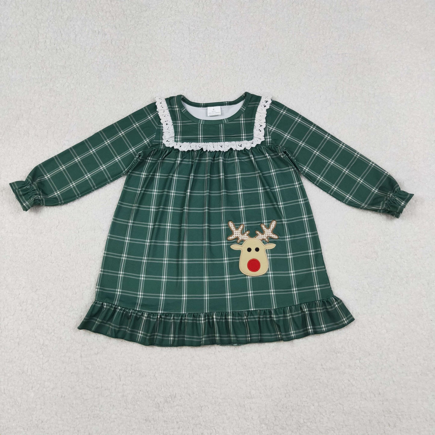 RTS NO MOQ(In Stock) GLD0561 Green plaid long-sleeved dress with an embroidered Christmas reindeer pattern