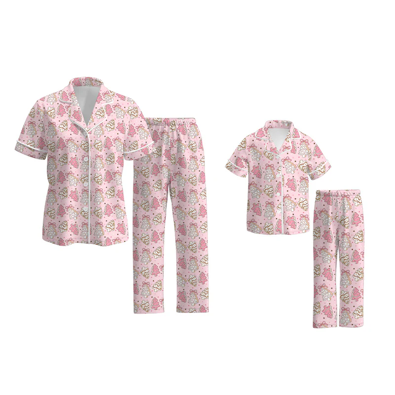 Custom moq 5 each style eta 6-7weeks Christmas pink baby girl short sleeve pant sets and adult set