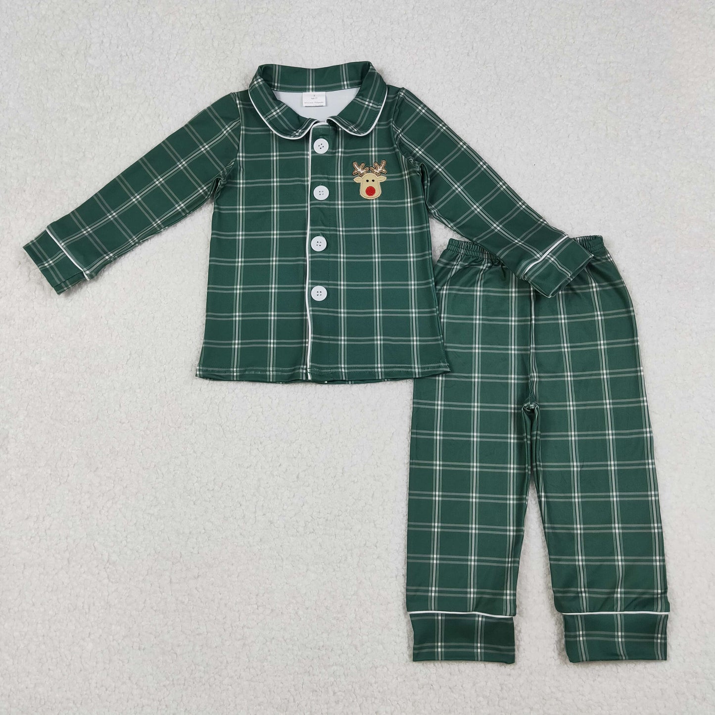 RTS NO MOQ(In Stock) BLP0545 Embroidered Christmas Reindeer Plaid Green Long-Sleeved Pants Pajama Set