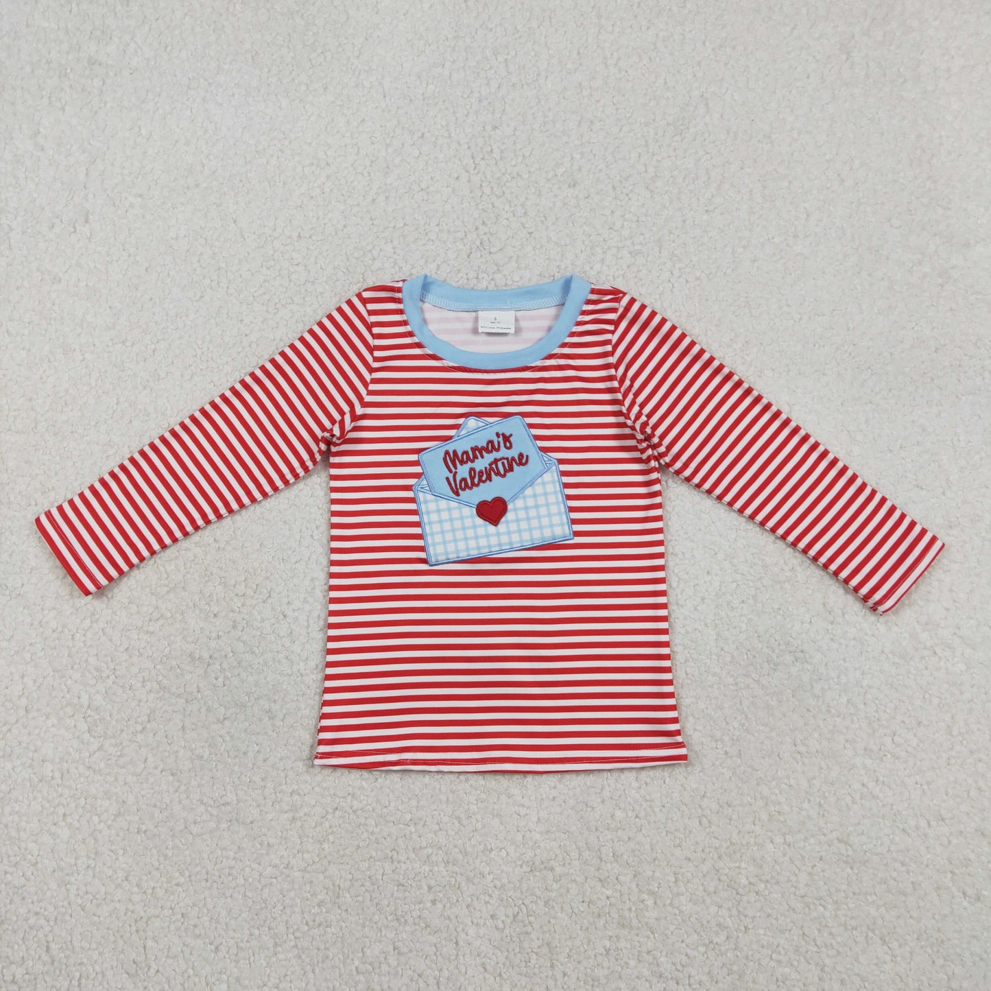 RTS NO MOQ(In Stock) BT1574 Embroidered Mama's Valentine Love Letter Envelope Red Striped Long-Sleeved Top