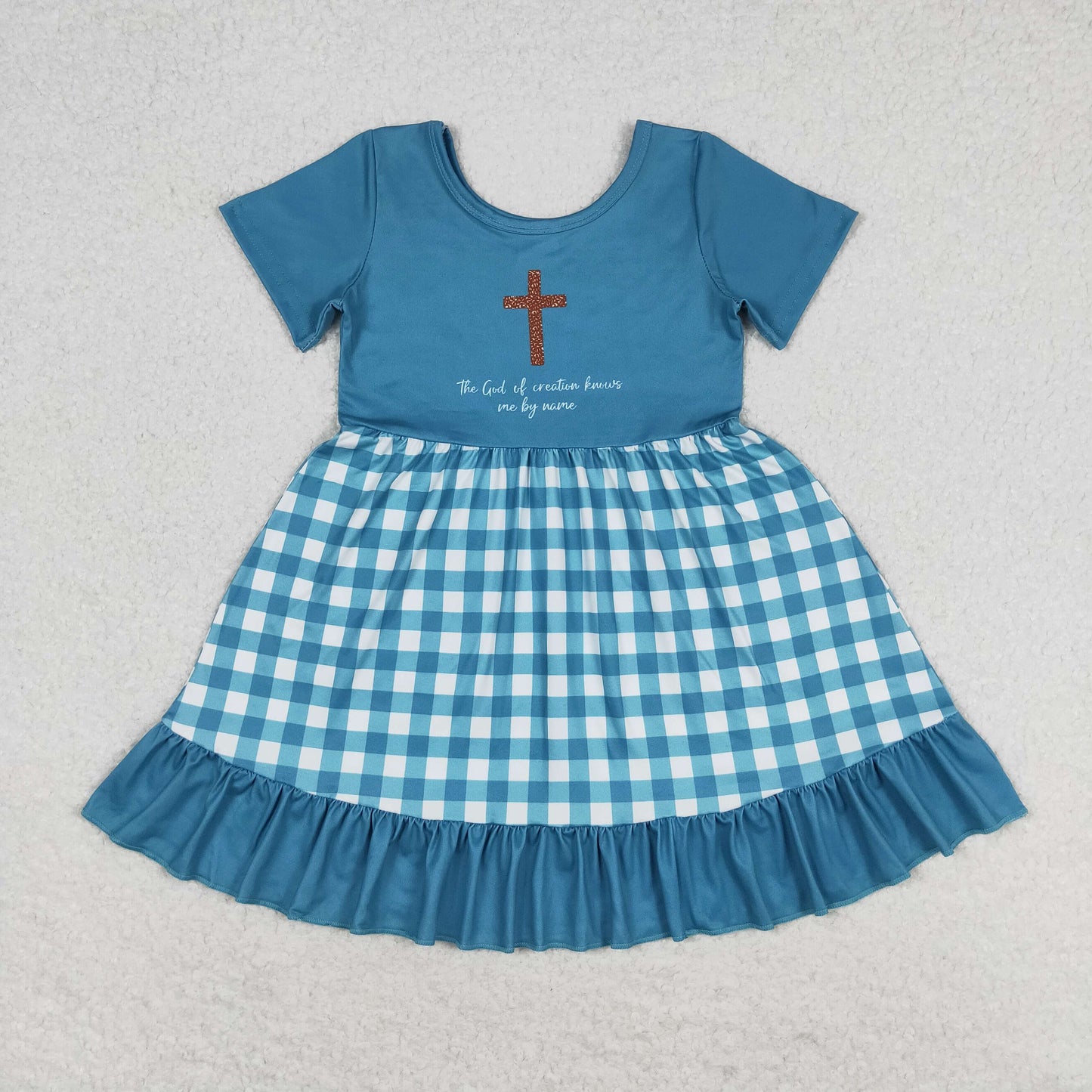 RTS NO MOQ(In Stock) Cross letter plaid teal lace short-sleeved dress