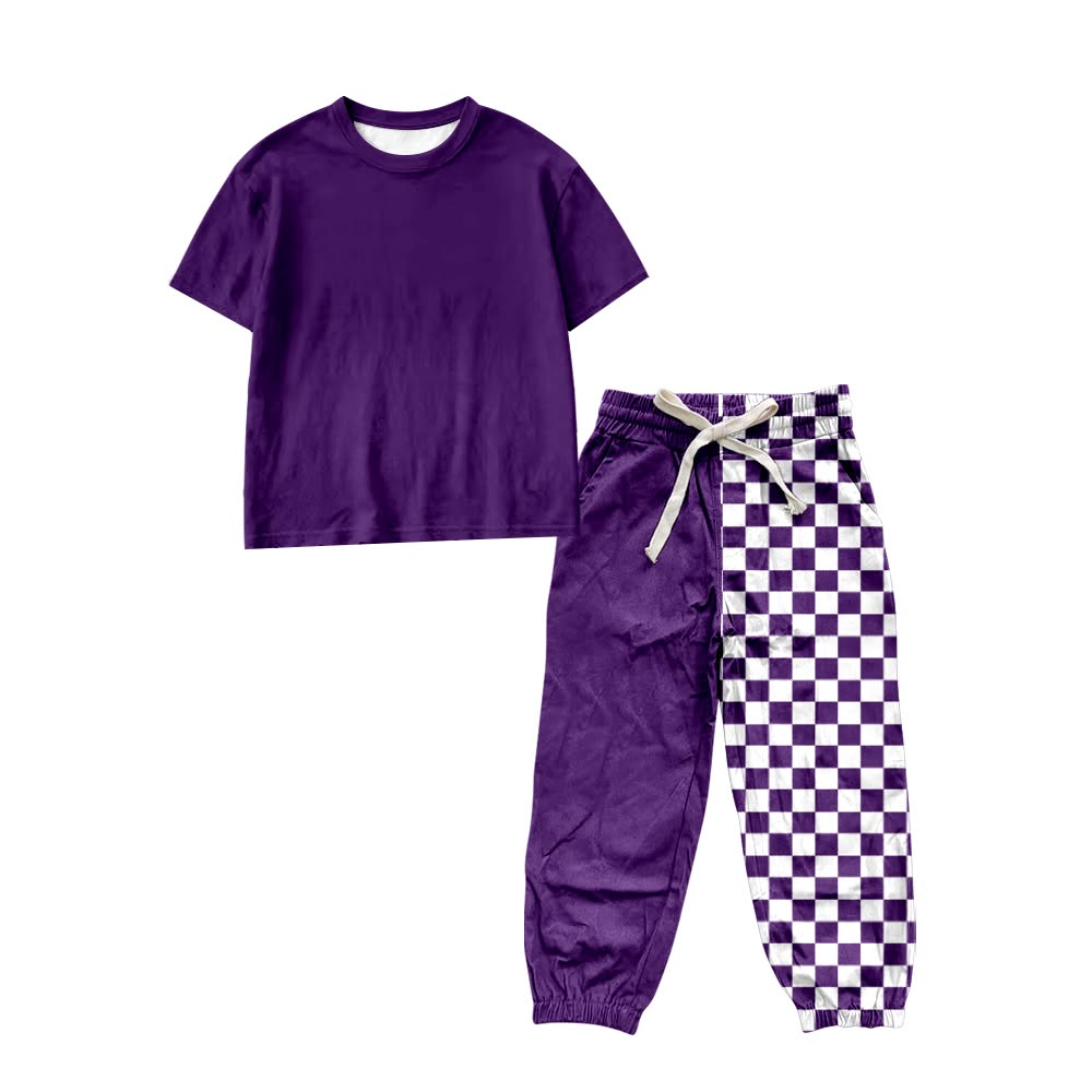 custom moq 5 mix size TYGI0101 Baby Kids Purple Solid Short Sleeve Tee And Checkerboard Jogger Pants Set
