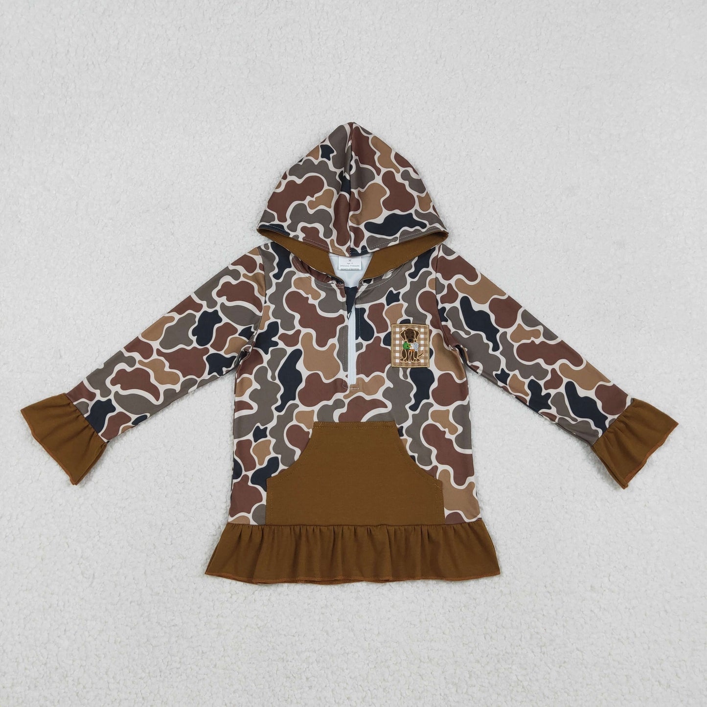 RTS NO MOQ(In Stock) Embroidered duck and puppy camouflage brown pocket lace zip-up hooded long-sleeved top
