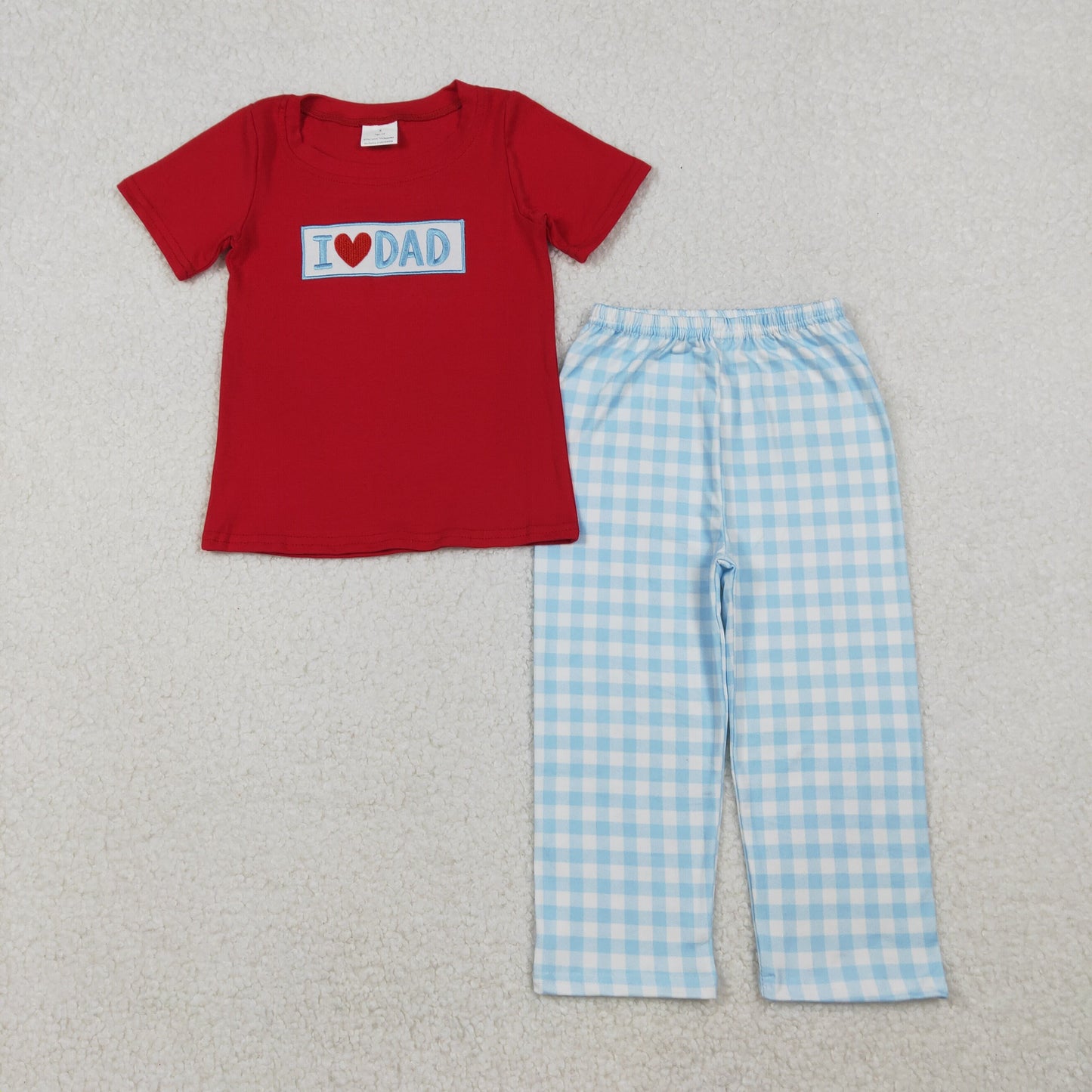 RTS NO MOQ(In Stock) BSPO0589 Red Short-Sleeved Blue Plaid Pants Set with Embroidered "I Love Dad"