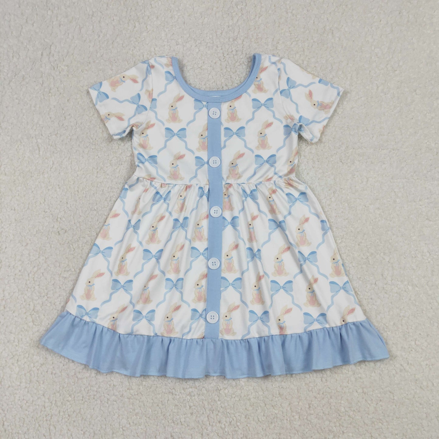 RTS NO MOQ(In Stock ) GSD3416 Blue lace-trimmed button-down short-sleeved dress with rabbit bow pattern
