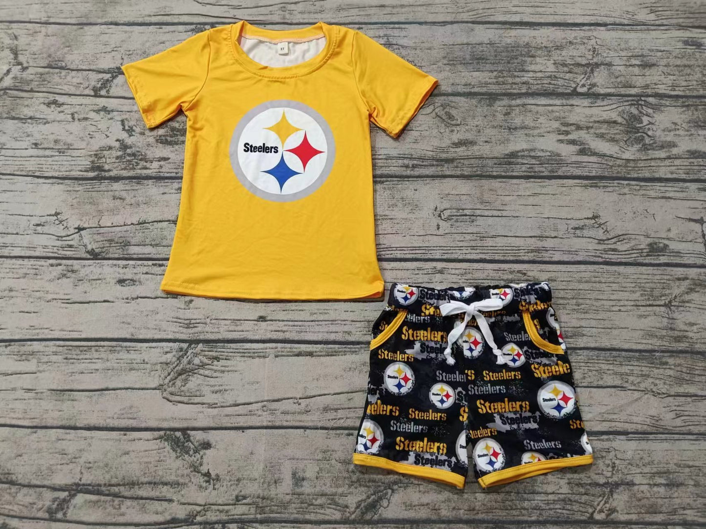 Custom moq 3 eta 6-7weeks Four-pointed star yellow short-sleeved shirt and black letter drawstring shorts set