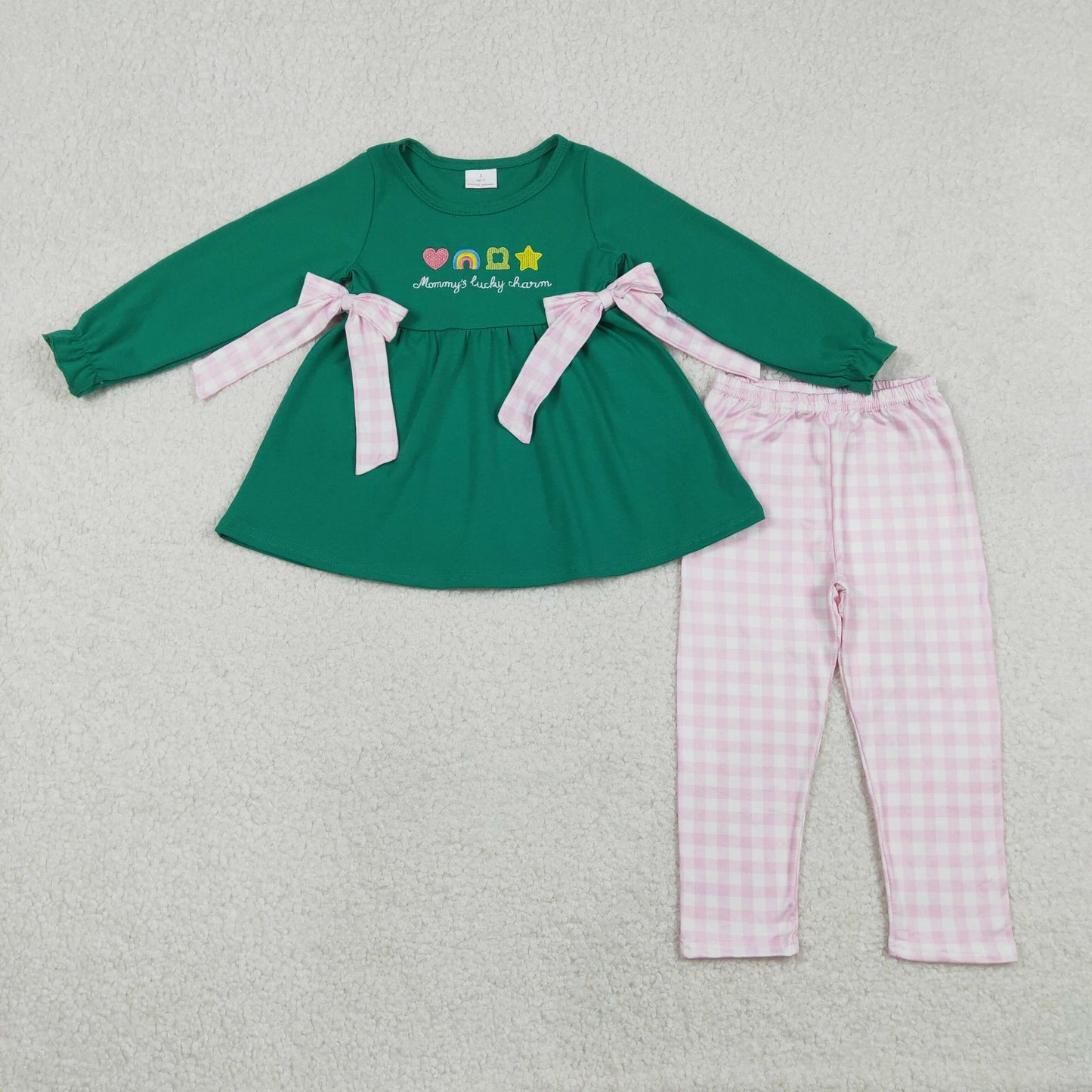 RTS NO MOQ(In Stock) Embroidered heart rainbow four-leaf clover pink and white plaid bow green long-sleeved trousers set