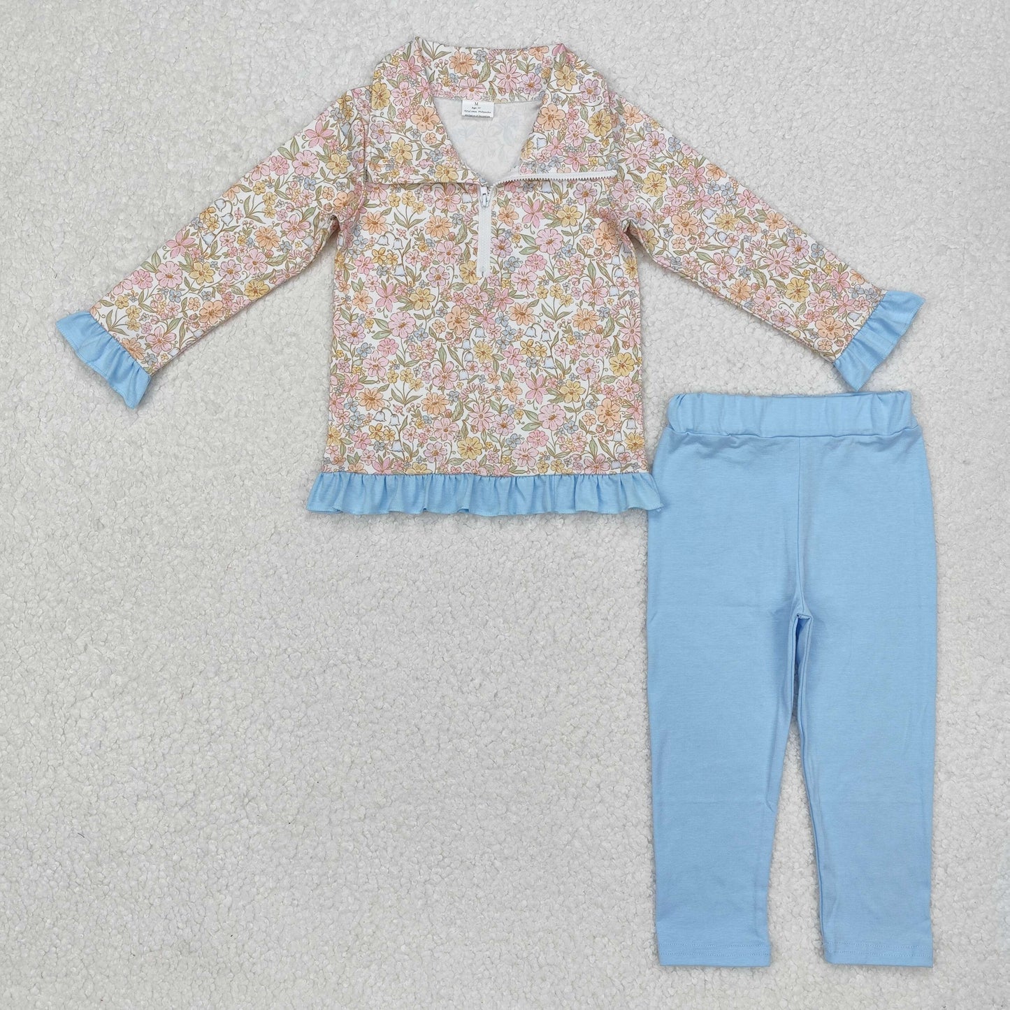 RTS NO MOQ ETA 5/7days Arrived GT0722+P0209 Pink Yellow Flower Blue Lace Zipper Long Sleeve Top Light Blue Pants sets
