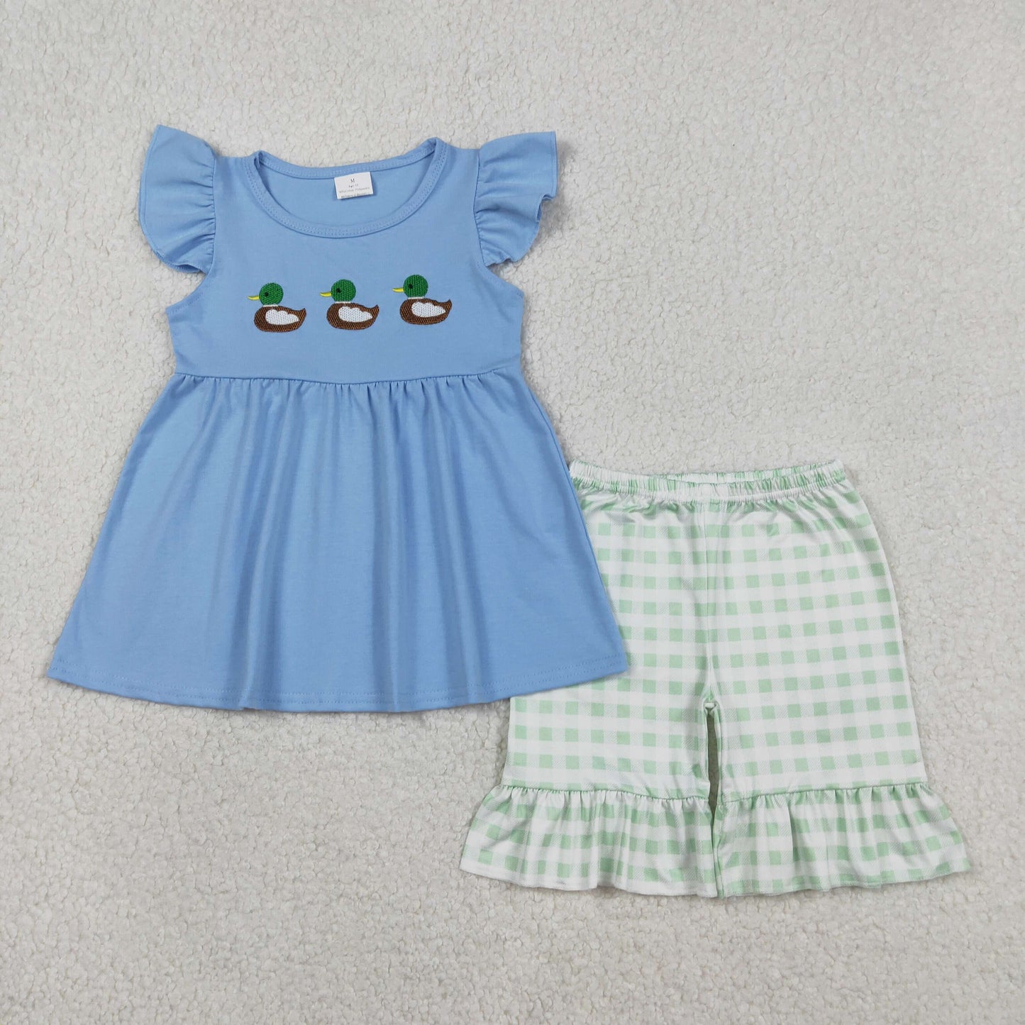 RTS NO MOQ(In Stock) GSSO2728 Embroidered three ducks blue flutter sleeve green and white checkered shorts set