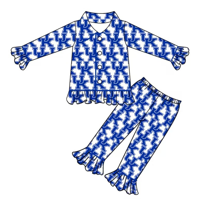 Custom moq 5 tat about 6-8 weeks team baby girls clothes uk blue long sleeve pants pajamas sets