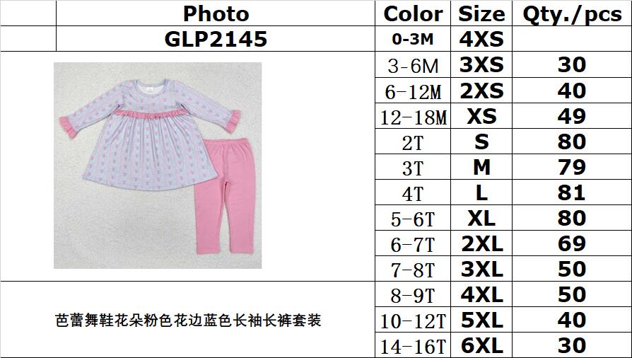 RTS NO MOQ ETA 5/7days Arrived GLP2145 Ballet Shoes Flower Pink Lace Blue Long Sleeve Pants Set