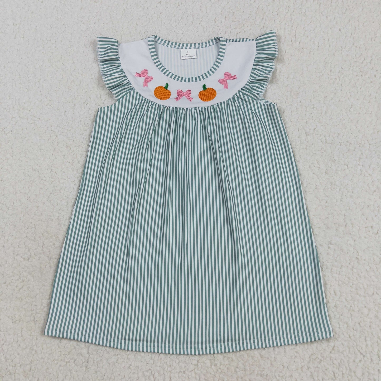 RTS NO MOQ(In Stock)GSD2746 Embroidered butterfly pattern pumpkin green striped dress with flying sleeves