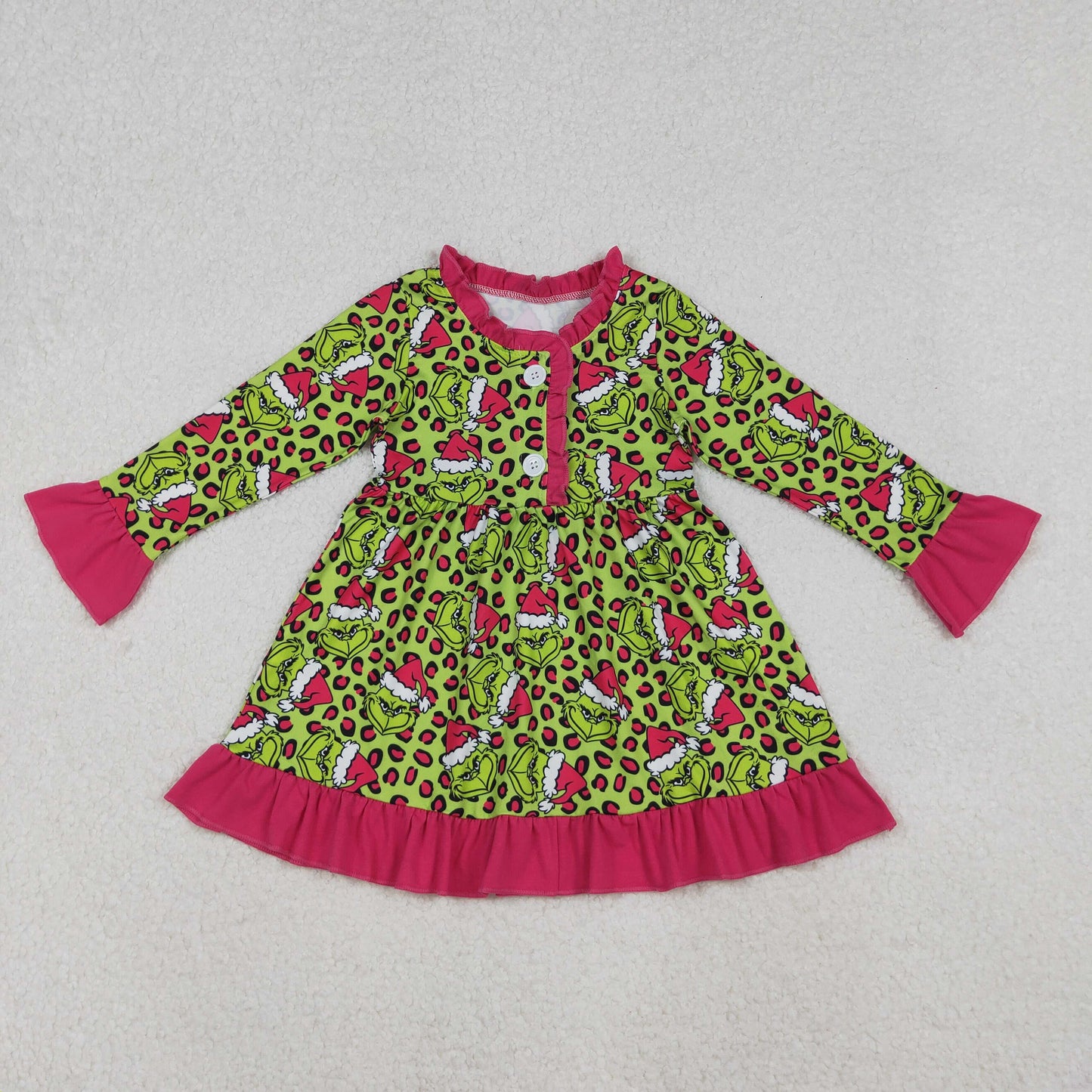12/18m-7/8t RTS NO MOQ(In Stock) GLD1254 Cartoon leopard print rose red lace button-down green long-sleeved dress