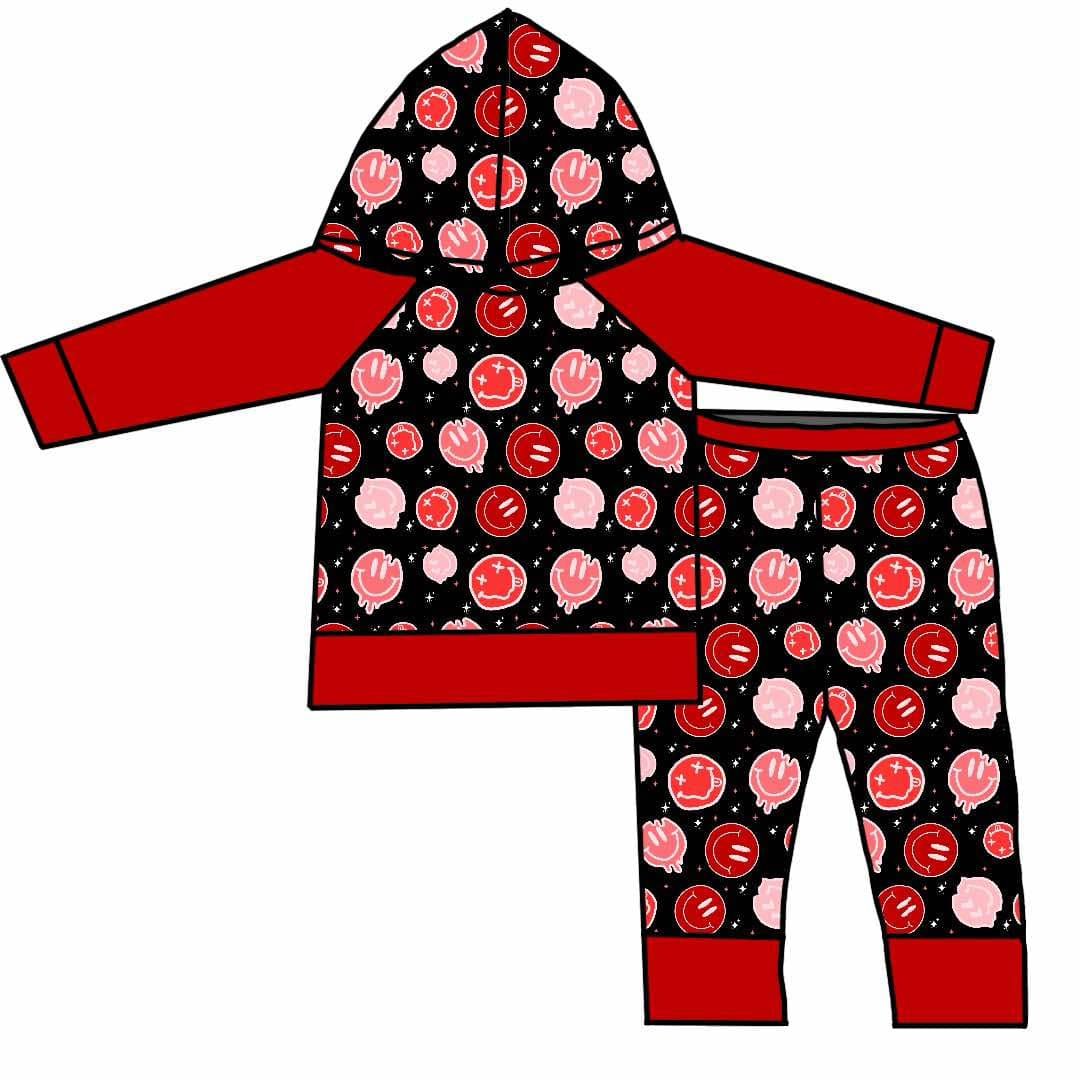 Deadline November 30 custom no moq eta 6-8weeks Red long-sleeved heart square girl's top sweatshirt suit smiley face suit
