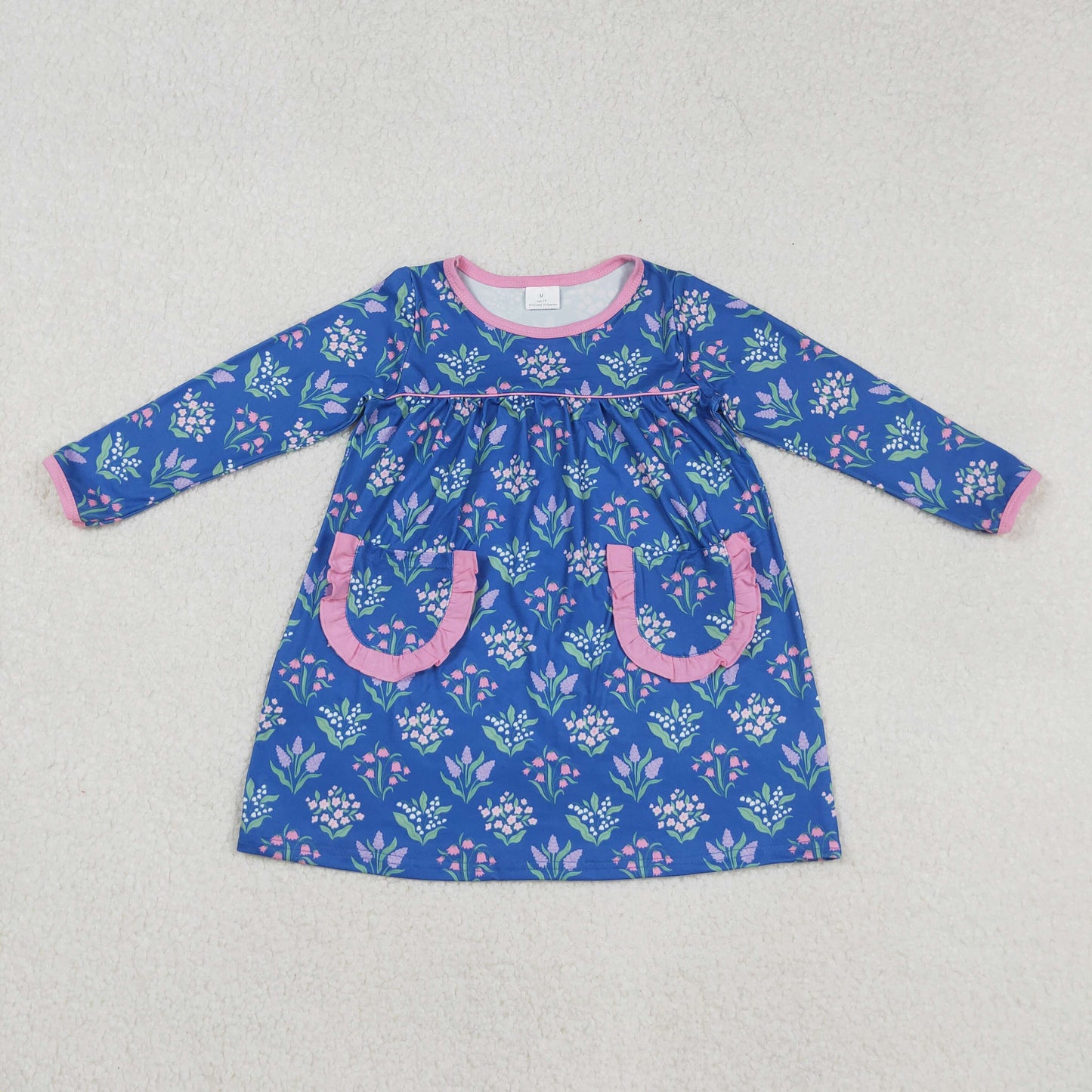 RTS NO MOQ(In Stock) GLD1257 Blue long-sleeved dress with floral lace pockets