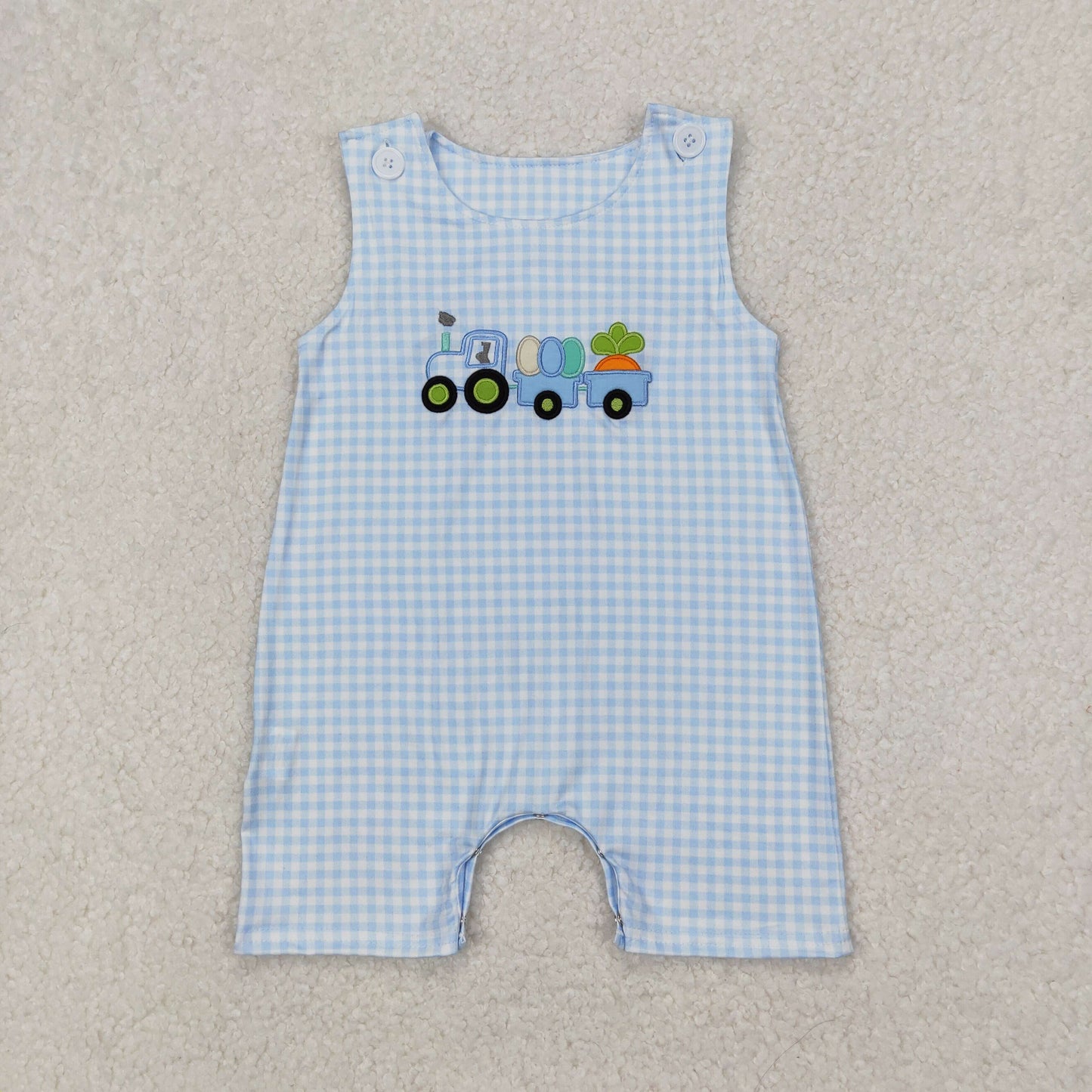 RTS NO MOQ(In Stock) Embroidered Easter egg carrot tractor blue plaid sleeveless jumpsuit